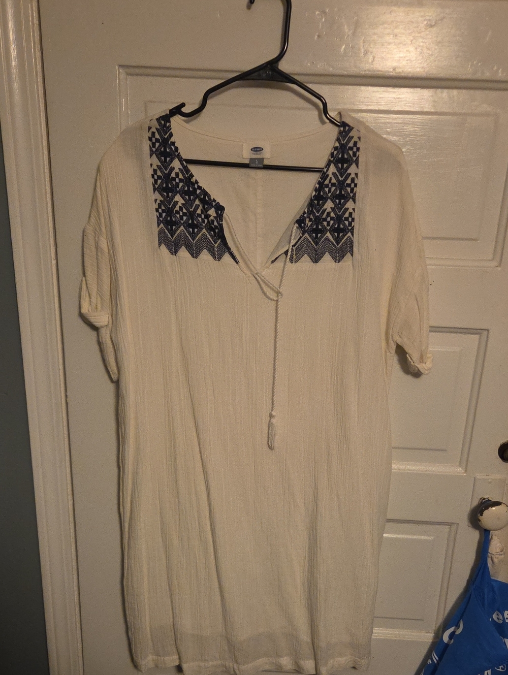 Old Navy Cream Midi Tunic Dress with Navy Embroidery